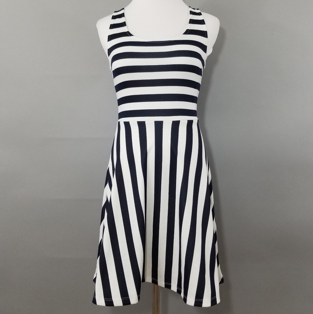 H&M Navy Blue White Stripe Fit & Flare Dress XS